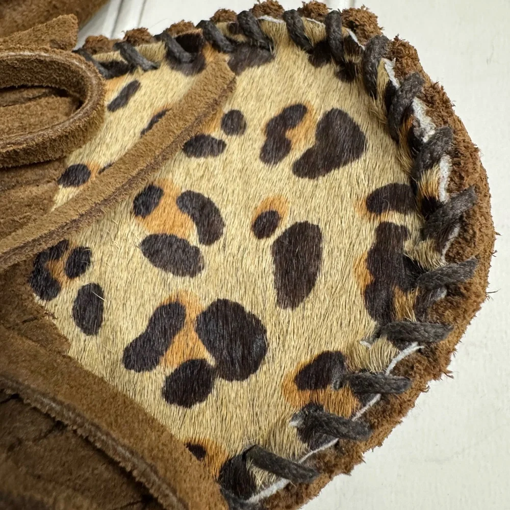 Minnetonka Suede Leather Moccasins Loafers Leopard Calf Hair Fur Shoes Size 7